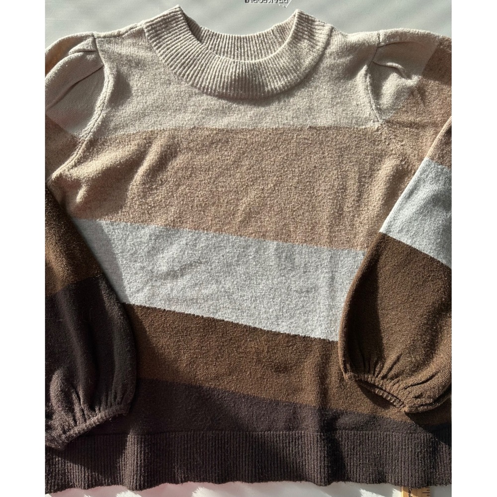 Democracy Womens PXL Colorblock Puff Sleeve Knit Sweater Brown Tan Neutral PXL